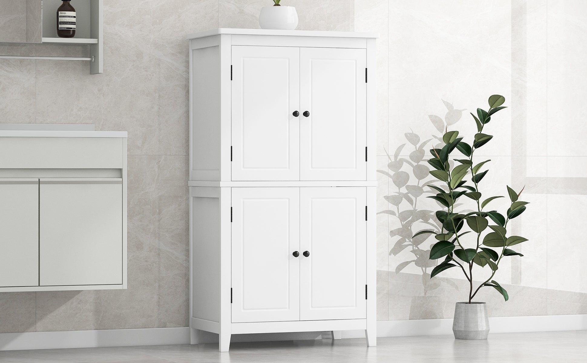 Bathroom floor storage cabinet, bathroom storage unit, 4-door independent cabinet, adjustable shelf, adaptive shelf, white