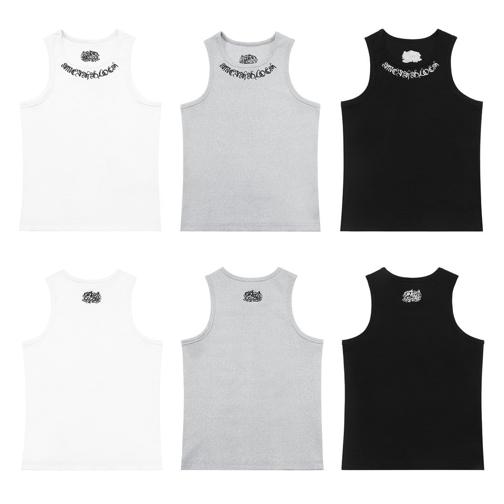 Gothic Letter Embroidery Ribbed Tank Top Men's Sports Fitted Casual Striped Sleeveless T-Shirt