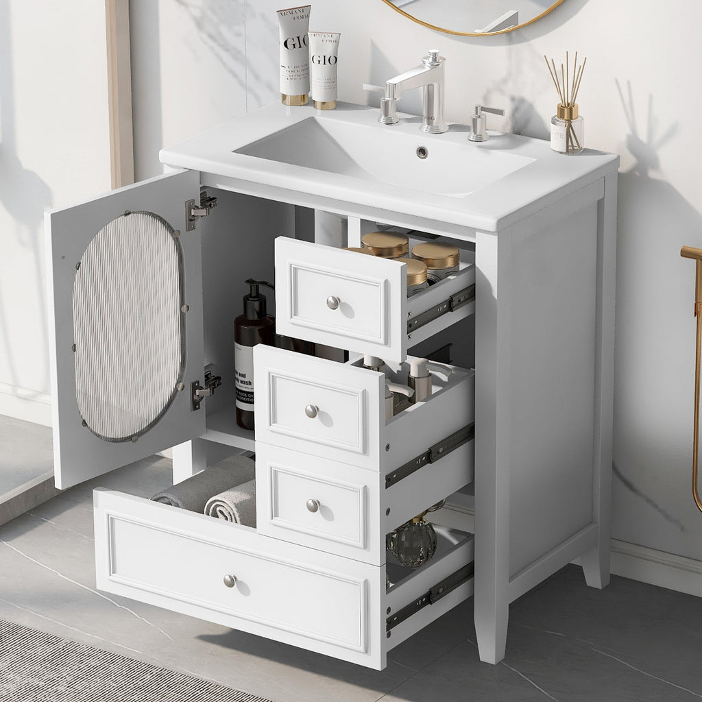 30" Bathroom Vanity with Sink, Bathroom Vanity Cabinet with Three Drawers and Door, Solid Wood and MDF, White