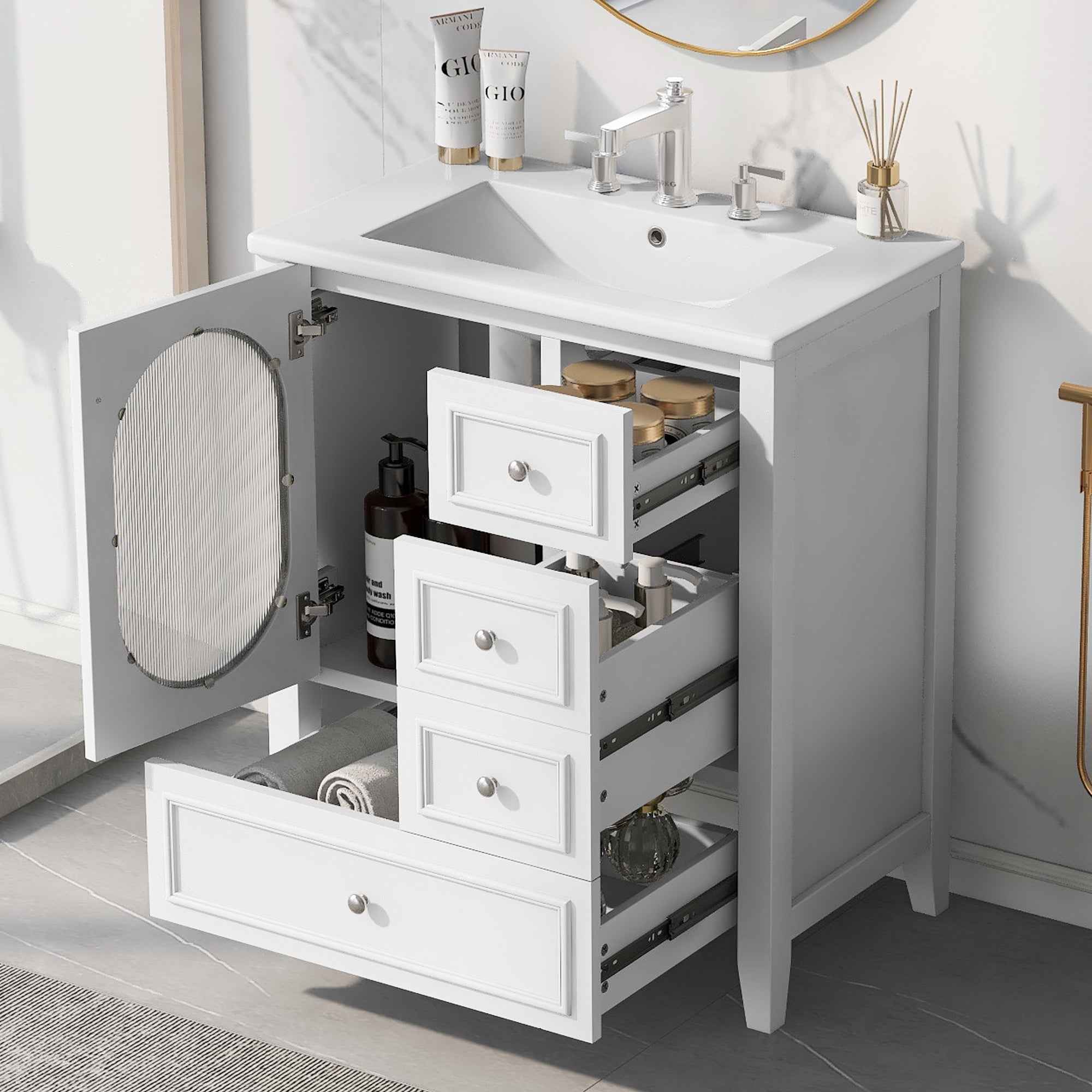 30" Bathroom Vanity with Sink, Bathroom Vanity Cabinet with Three Drawers and Door, Solid Wood and MDF, White
