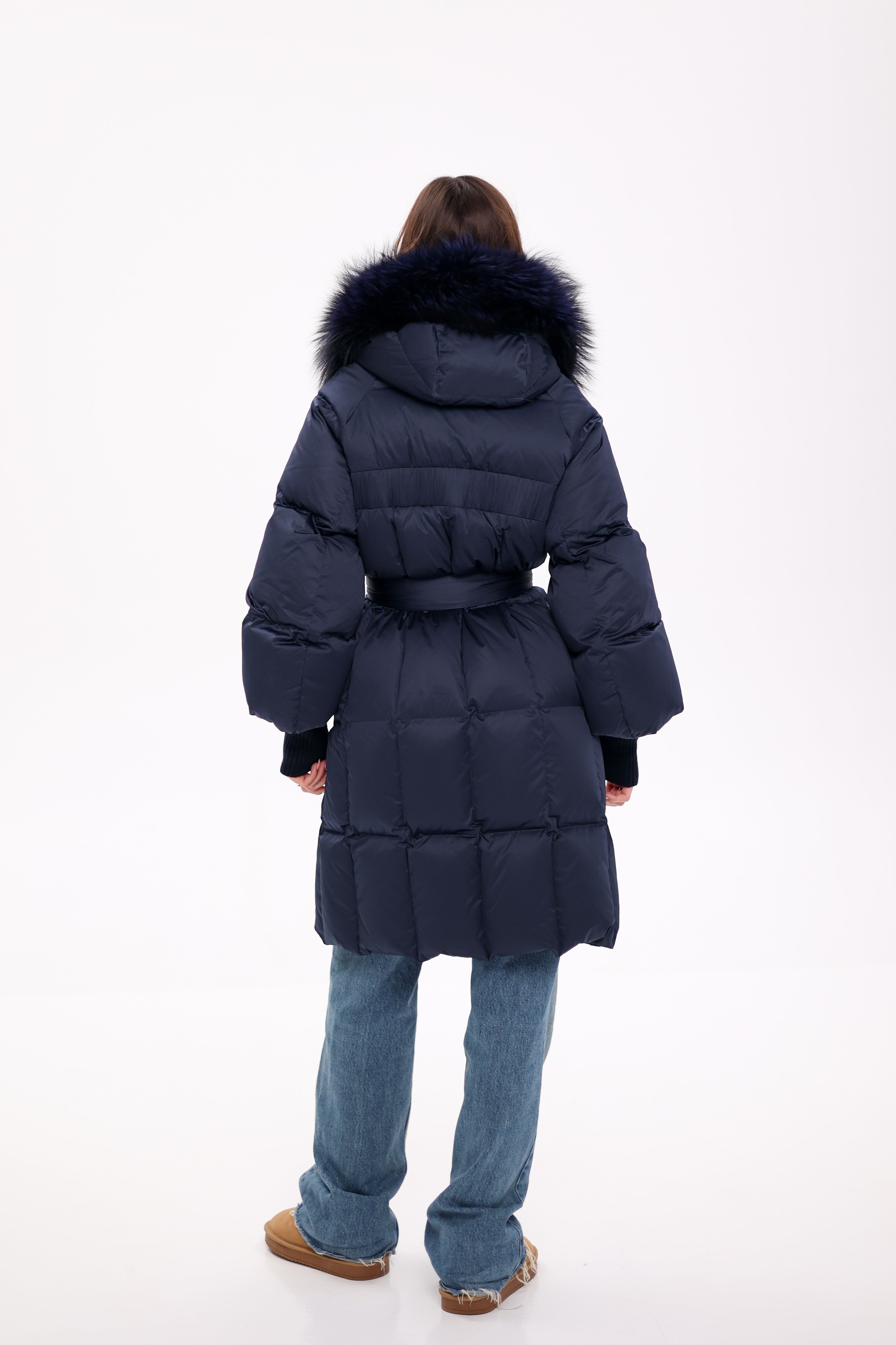 Genuine Fox Fur Trim Down Coat in Royal Blue