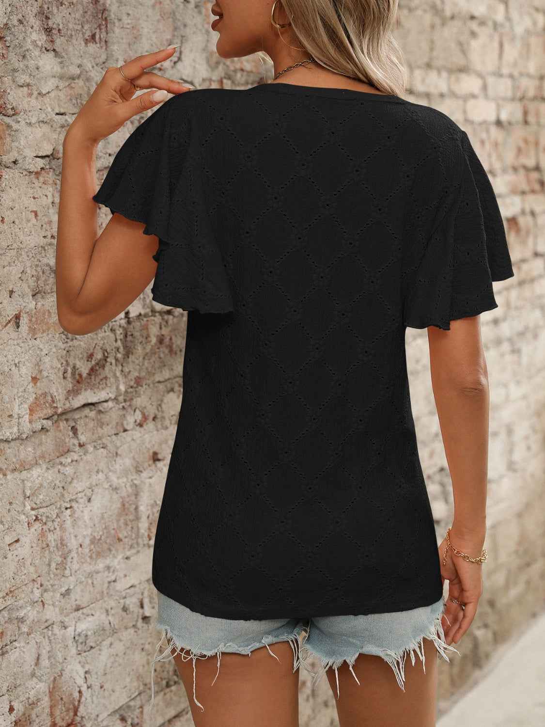Eyelet Flutter Sleeve Top - Round Neck & Stylish Women's Top
