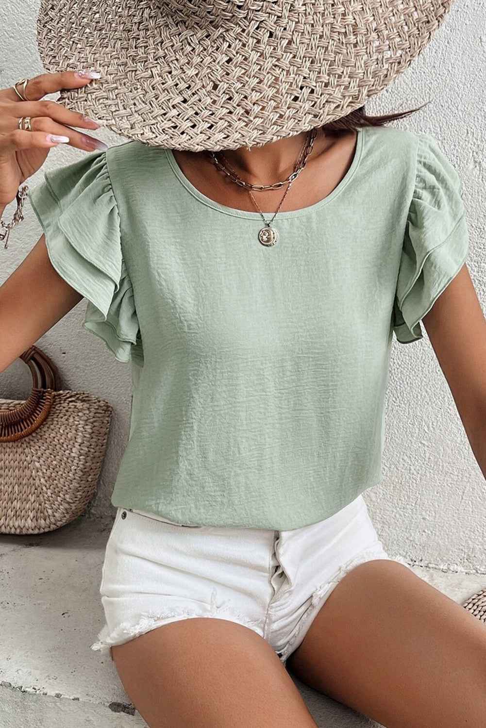Aqua Ruffle Sleeve Blouse - Clearly Aqua Solid Color Crinkled Top