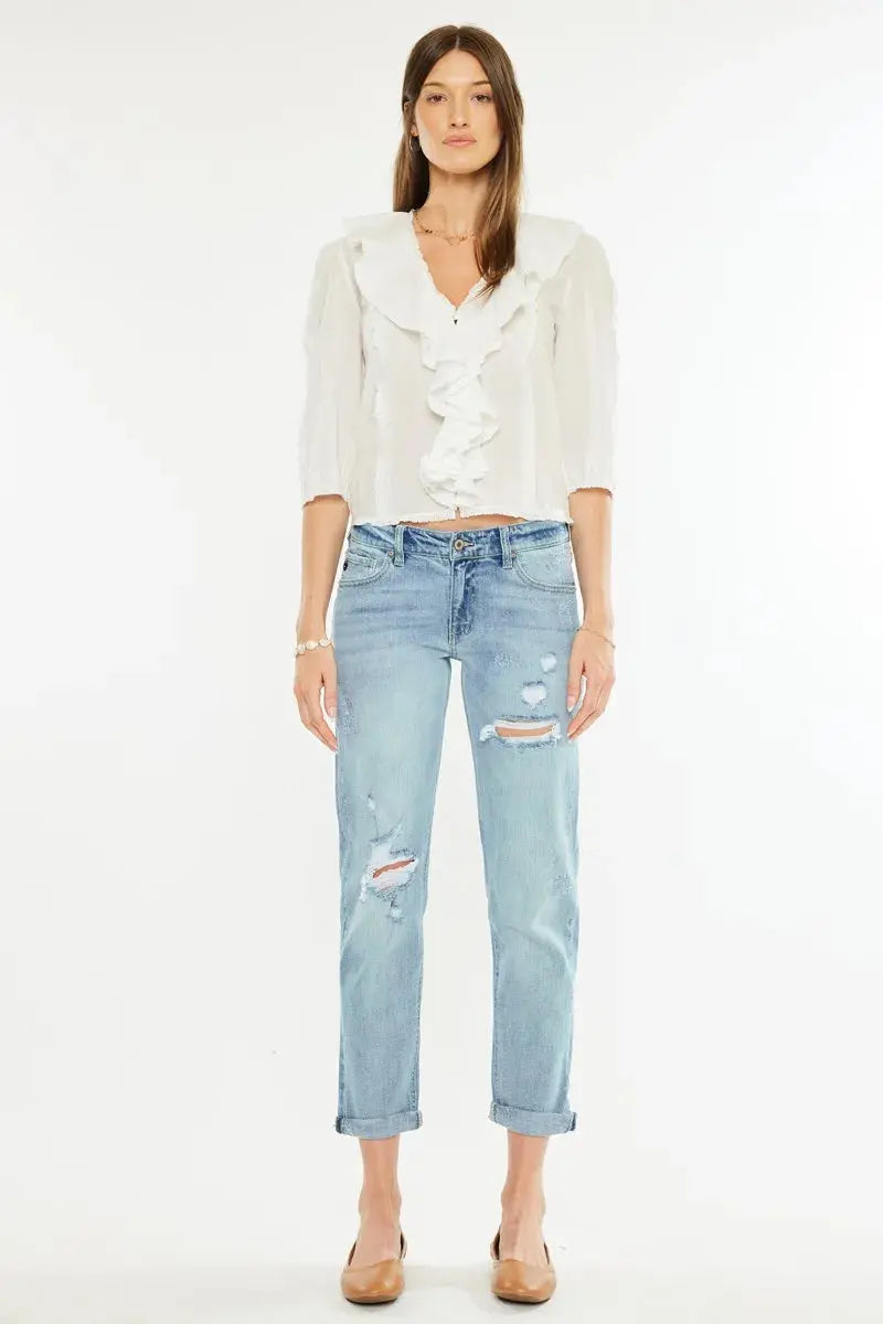 Mid Rise Distressed Kancan Boyfriend Jeans - Light Wash