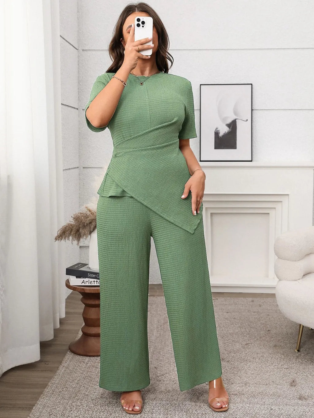Plus Size Asymmetrical Round Neck Short Sleeve Top and Pants Set