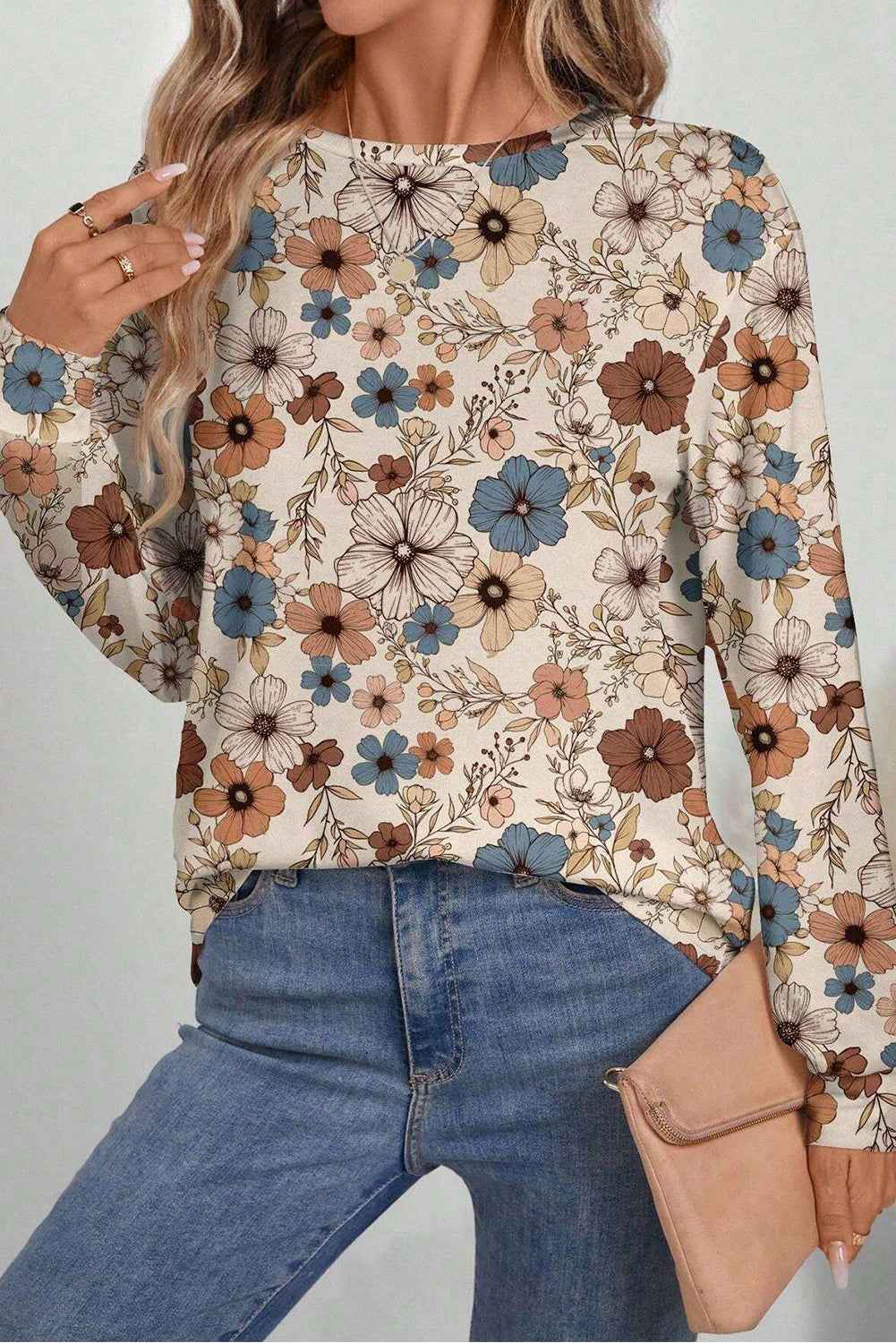 Khaki Floral Print Women's Top - Allover Floral Crew Neck Long Sleeve