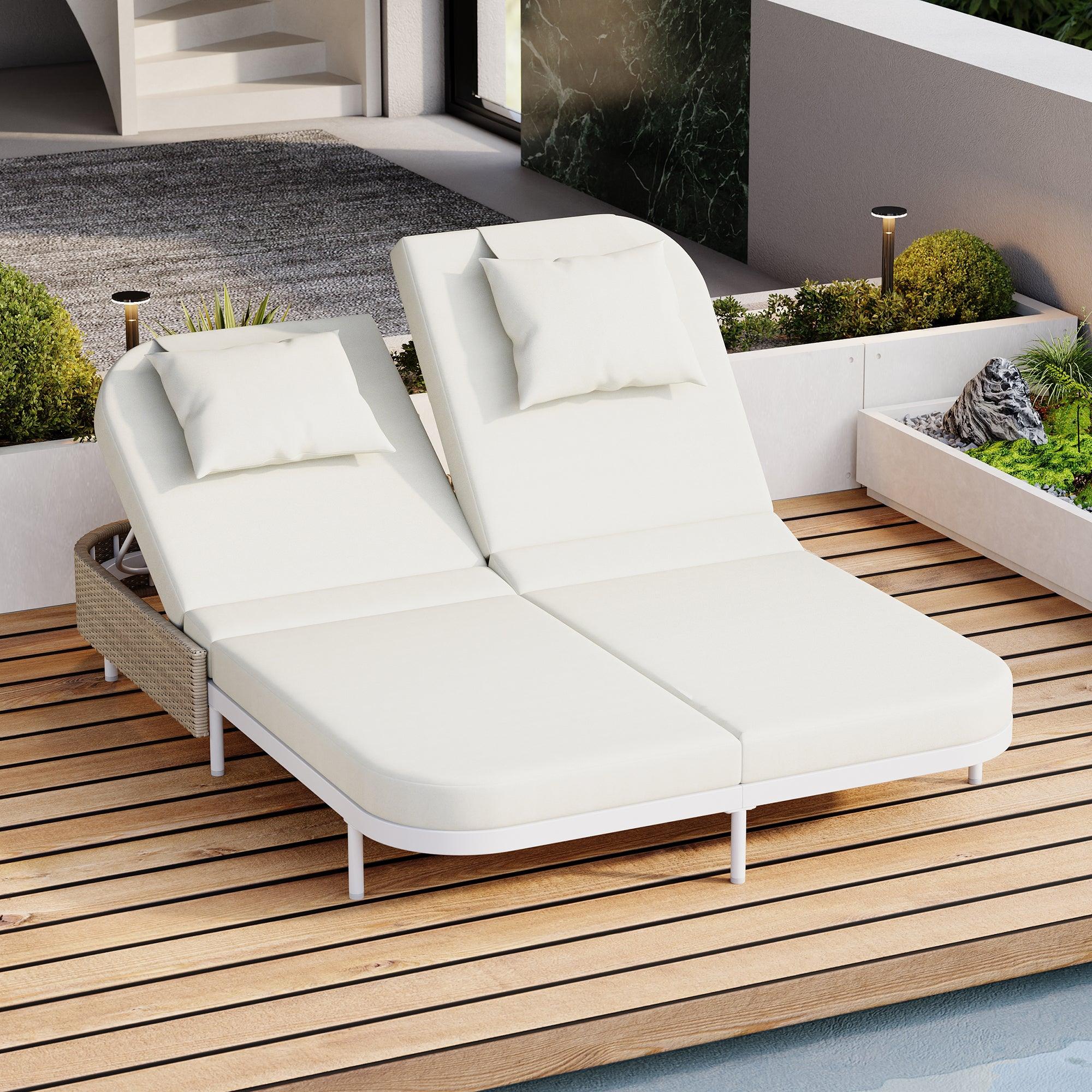 Outdoor Daybed, Patio Rattan Daybed with 5-Position Adjustable Backrest and Removable Cushions & Pillows for Garden, Backyard, Poolside