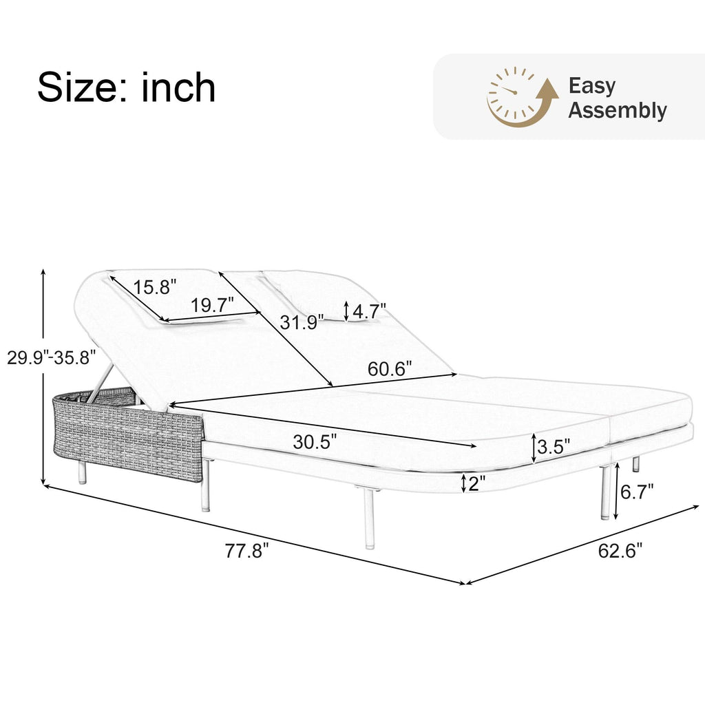 Outdoor Daybed, Patio Rattan Daybed with 5-Position Adjustable Backrest and Removable Cushions & Pillows for Garden, Backyard, Poolside