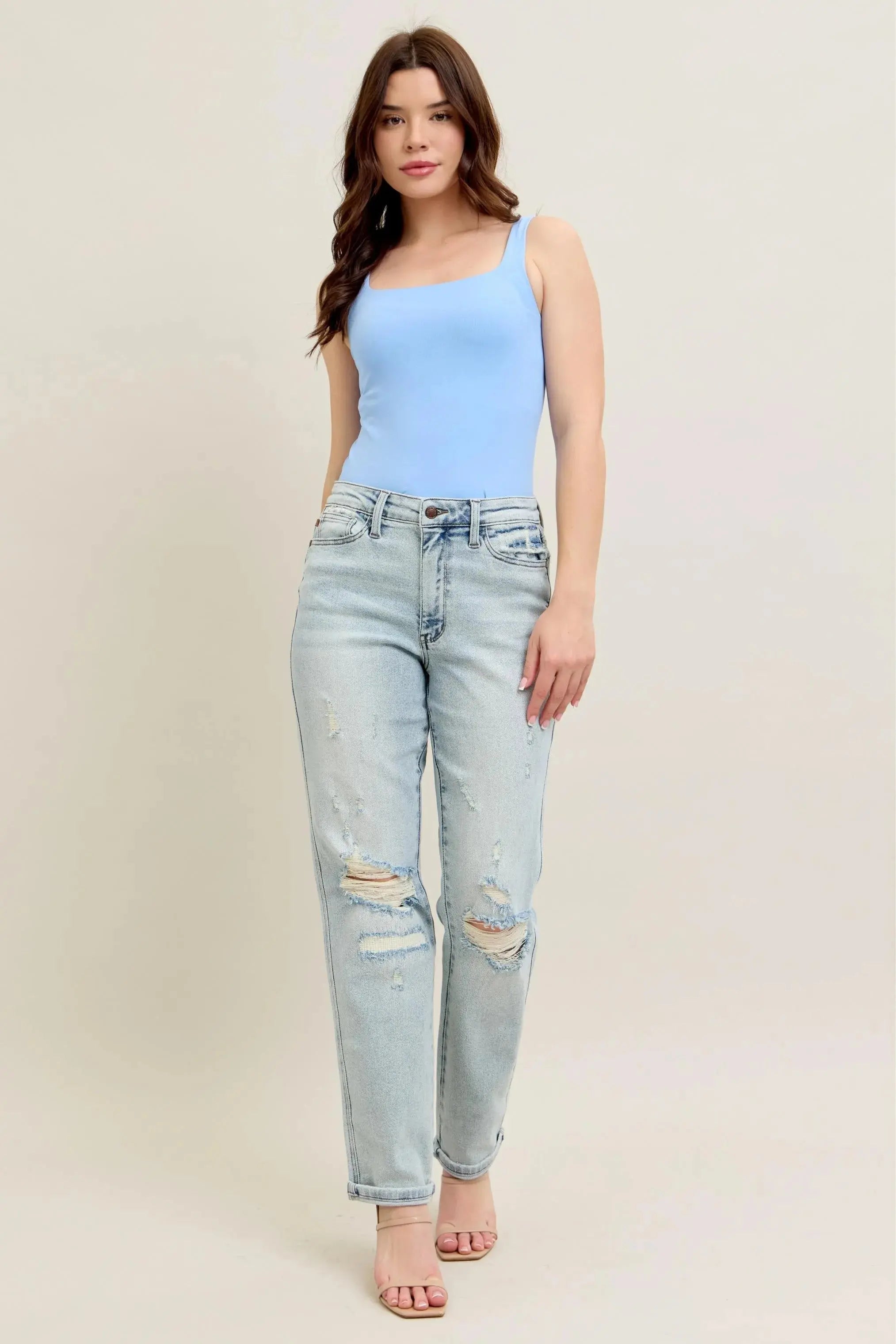 Judy Blue Jeans - Plus Size Mr Repair Stitch Detail Destroy Single Cuff Boyfriend Fit