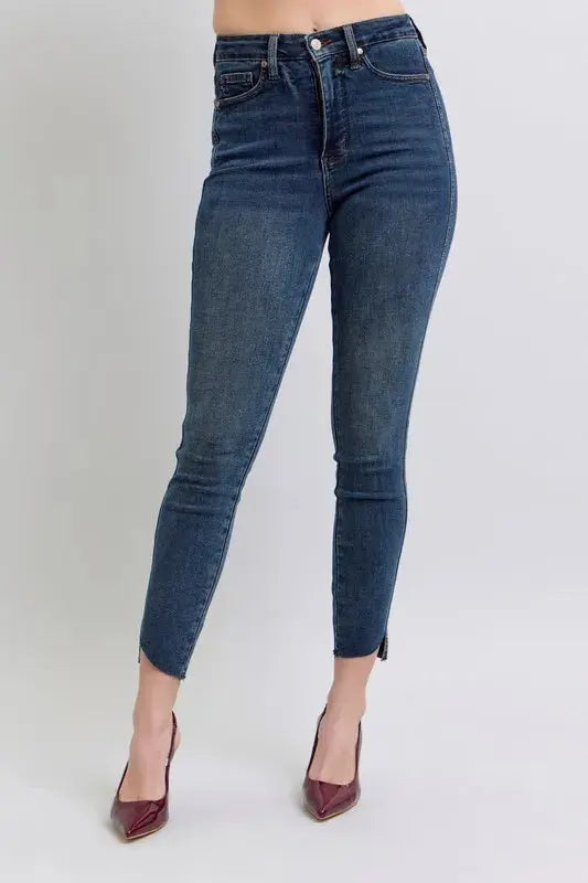 Full Size High Waist Tummy Control Step Hem Skinny Judy Blue Jeans