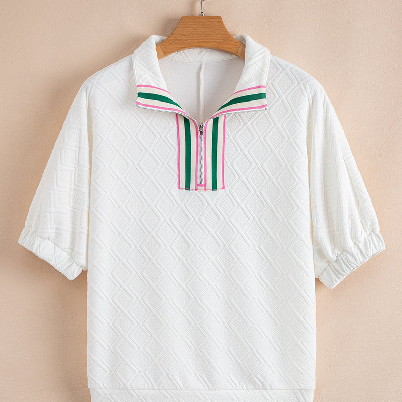 Contrast Stripe Collar Textured Short Sleeve Blouse