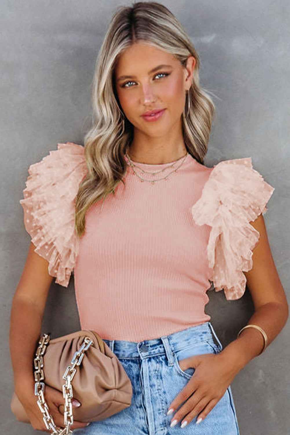 Pink Ruffle Knit Blouse - Casual Dotty Layered Ruffle Ribbed Knit Women's Top