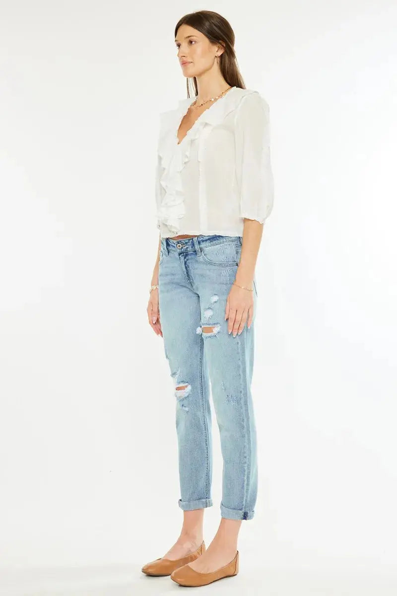 Mid Rise Distressed Kancan Boyfriend Jeans - Light Wash