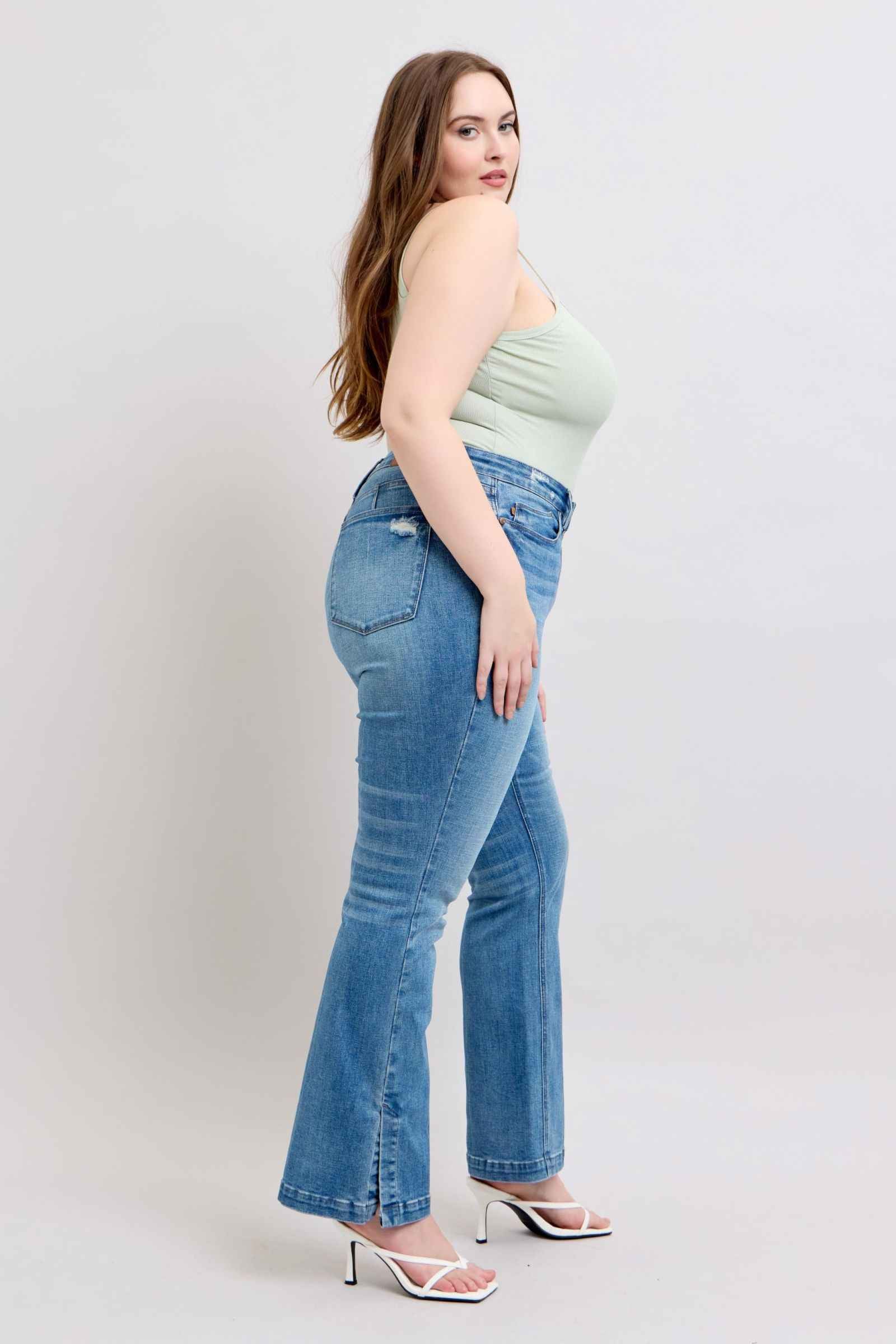 Judy Blue Tummy Control Bootcut Jeans with Vintage Wash and Side Slit Women's Jeans