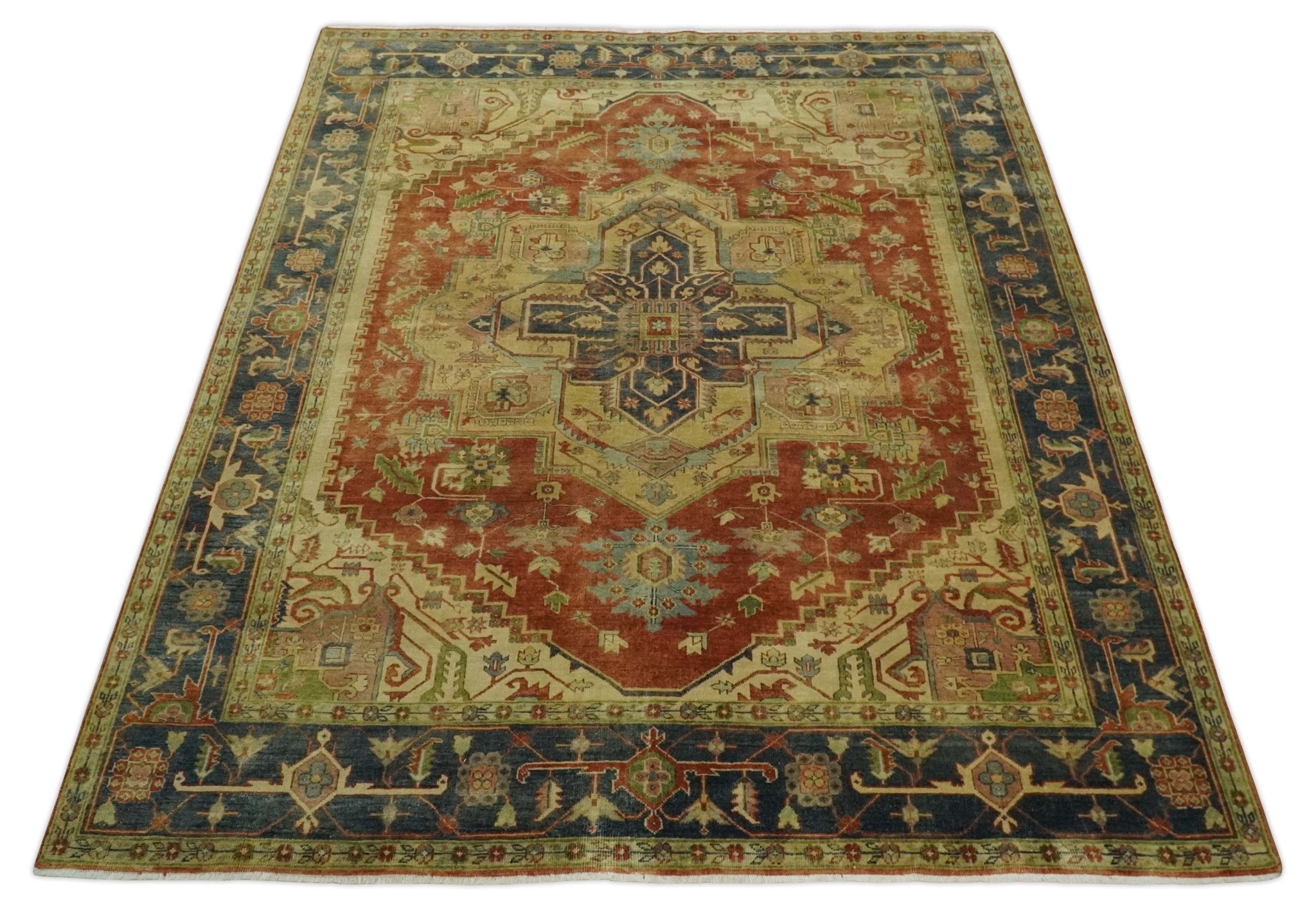 8x10 Gold, Rust and Charcoal Heriz Serapi Traditional Vintage Turkish Style Antique Look Hand Knotted Wool Area Rug | N361810