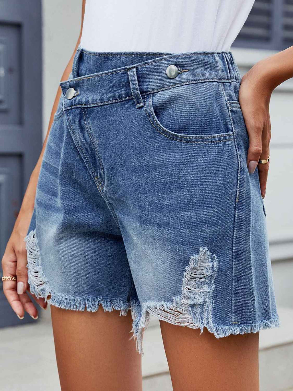 Distressed Denim Shorts with Raw Hem Asymmetrical Waist