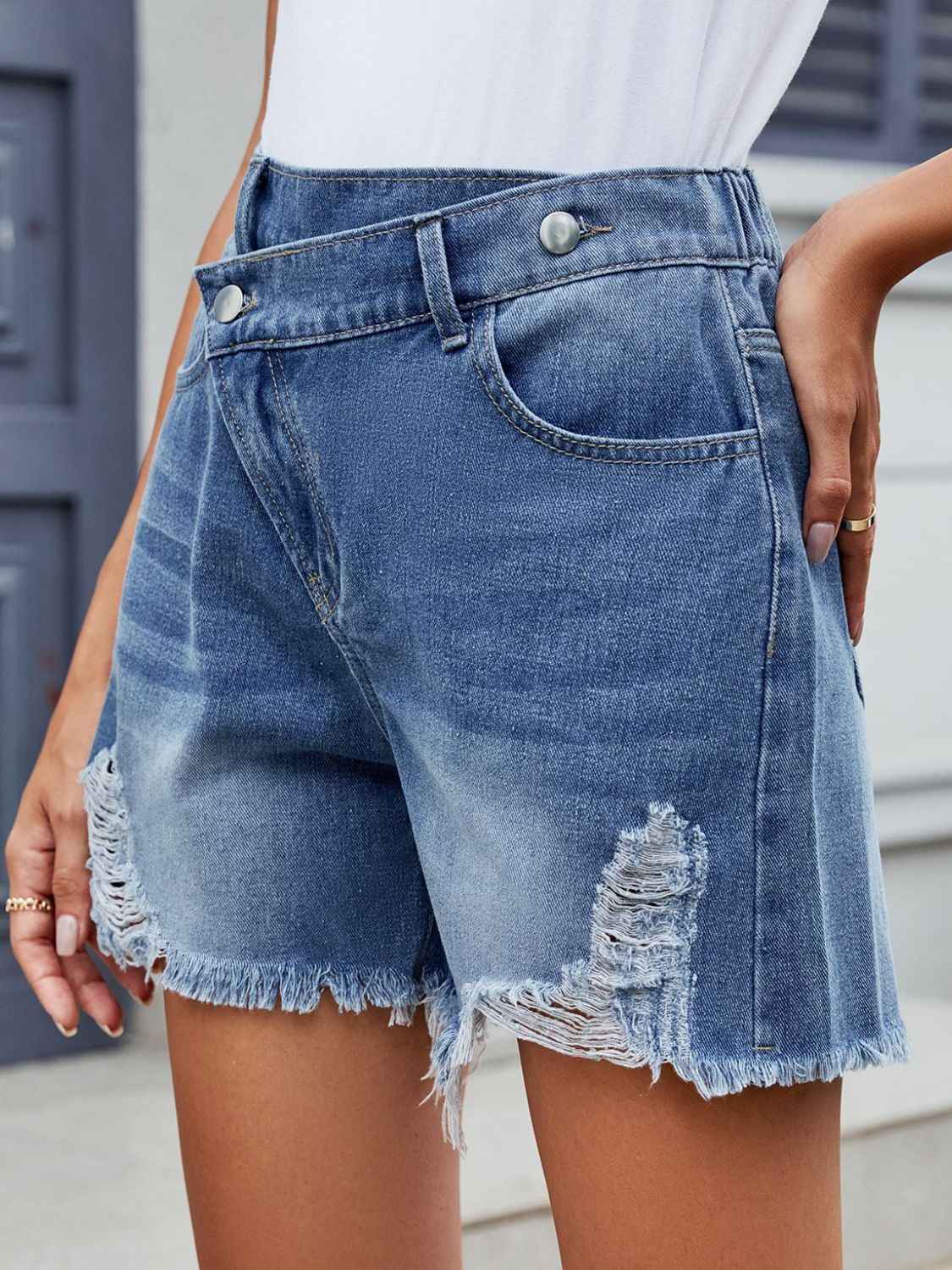 Distressed Denim Shorts with Raw Hem Asymmetrical Waist