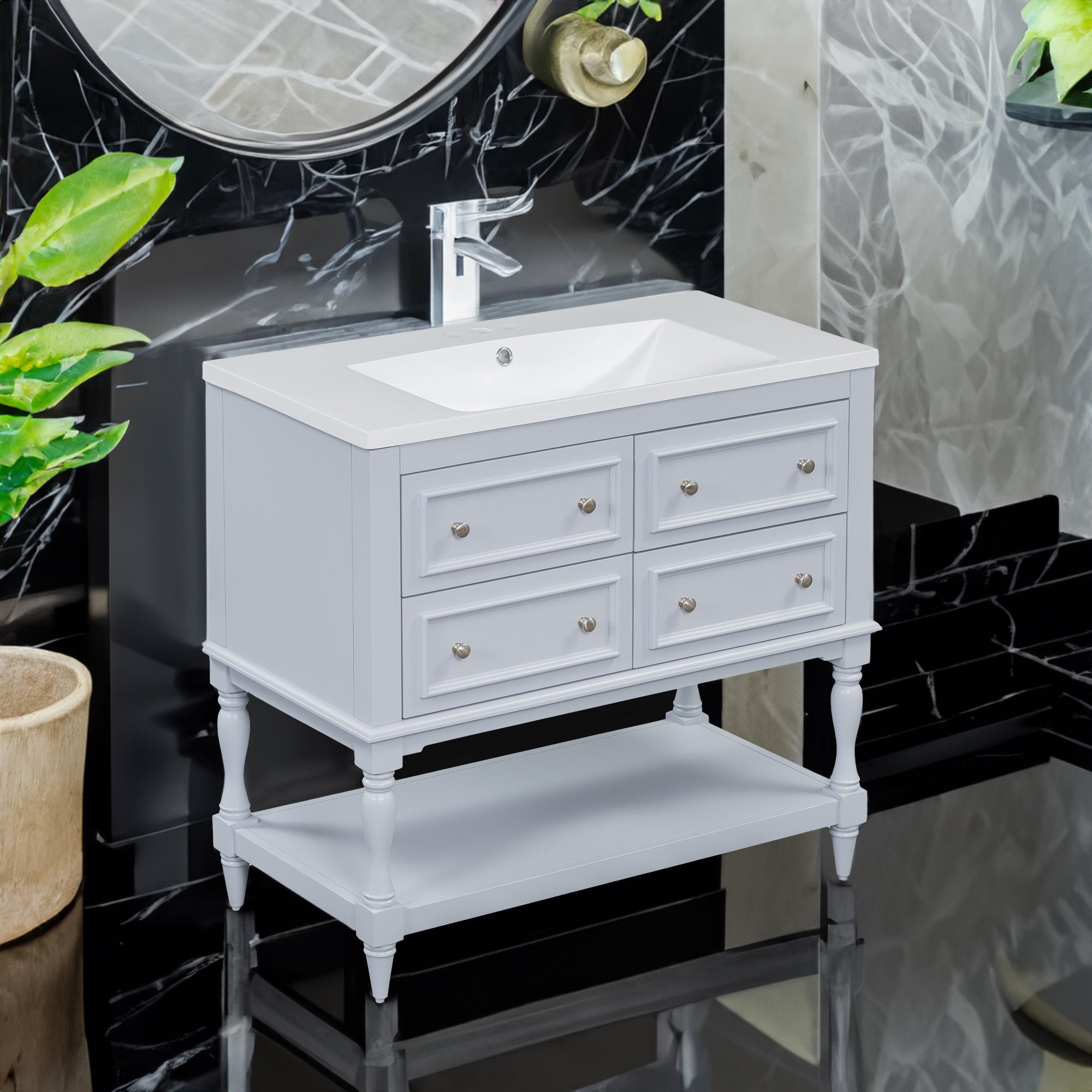 36" Bathroom Vanity Cabinet with Sink Combo Set, Undermount Resin Sink, Free Standing Vanity Set with 4 Drawers Blue
