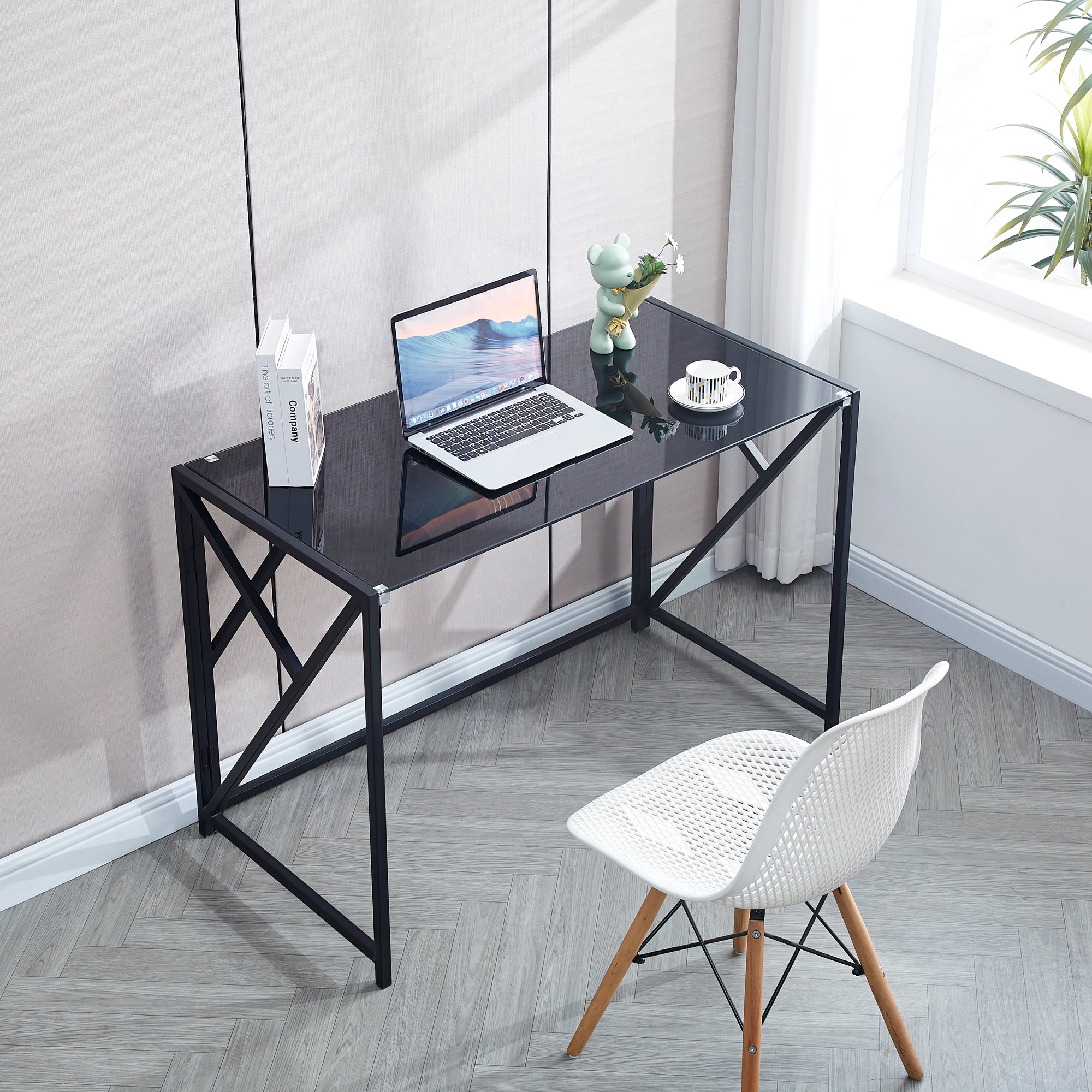 Tempered Black Glass Computer Desk Laptop Desk PC Laptop Table with Metal Frame Writting Desk