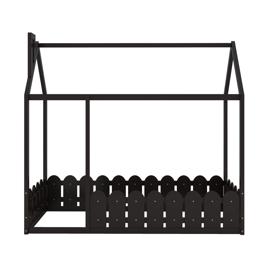 {Slats are not included}Twin Size Wood Bed House Bed Frame with Fence for KidsTeens Girls Boys