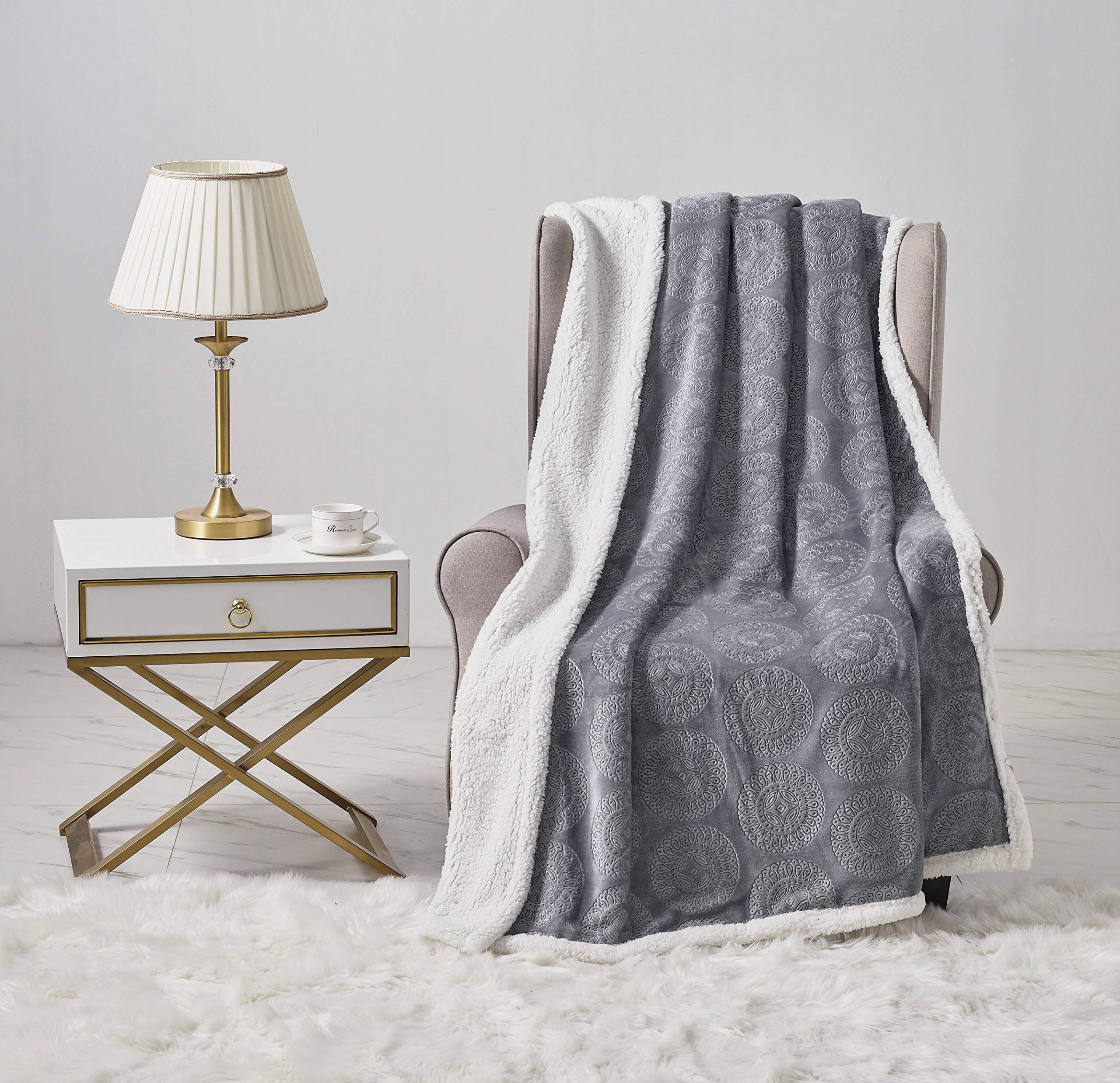 Decor&More Bon Iver Collection Extra Soft Mandala Embossed Microplush Throw Blanket with Sherpa Backing (50" x 60")