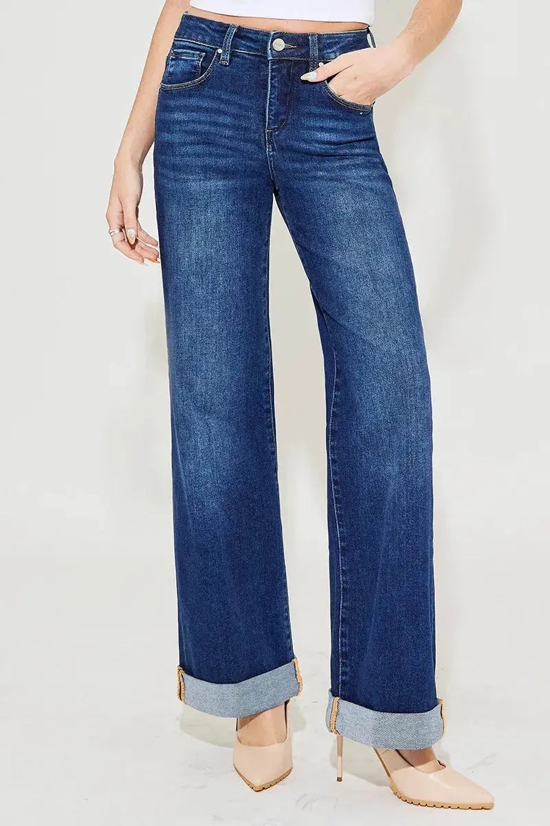 Full Size Tummy Control High Rise Wide Leg Cuffed RISEN Jeans