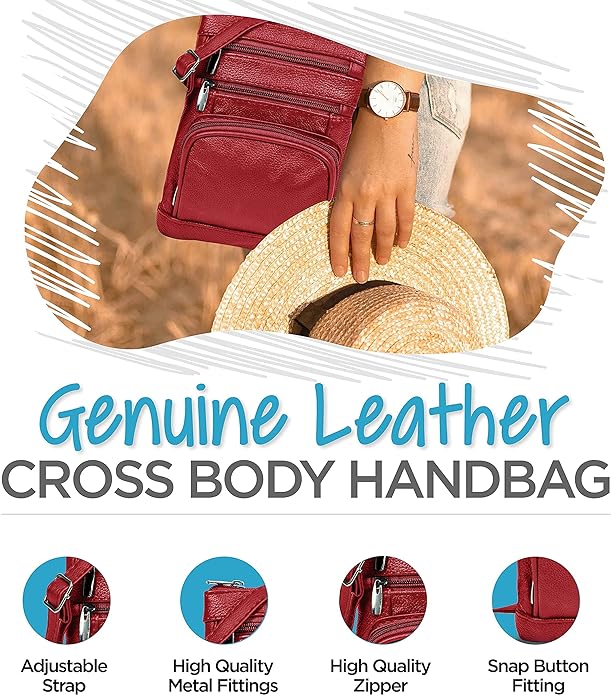 Krediz Genuine Leather Cross Body Handbag - Soft & Durable Crossbody Bags- 3 Sizes Multiple Colors