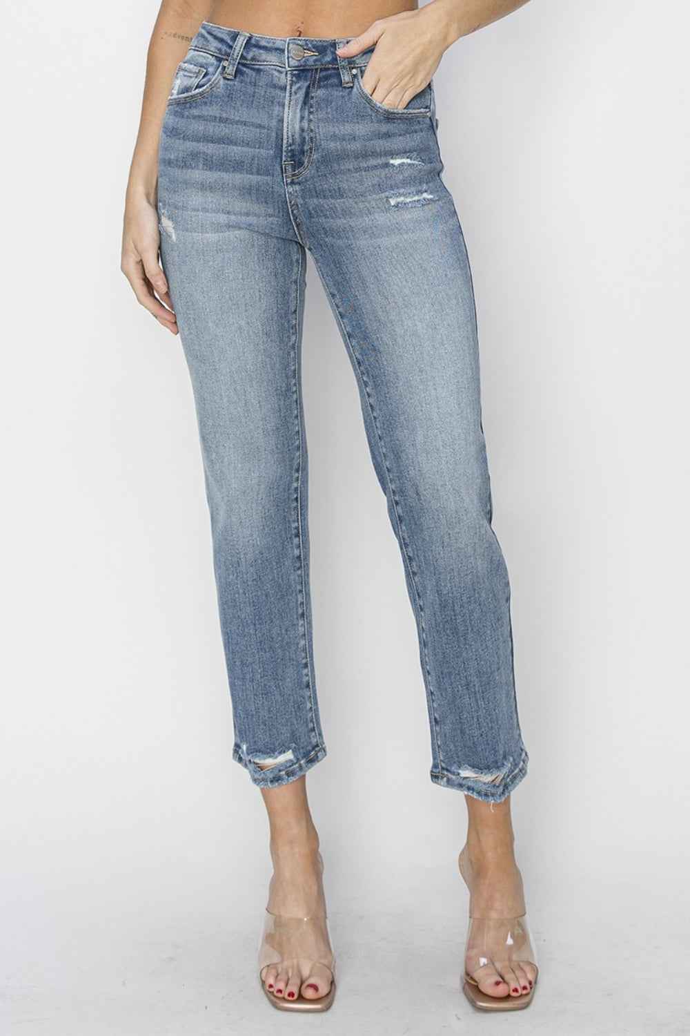 RISEN High Waist Distressed Cropped Jeans  Women's Jeans - Full Size