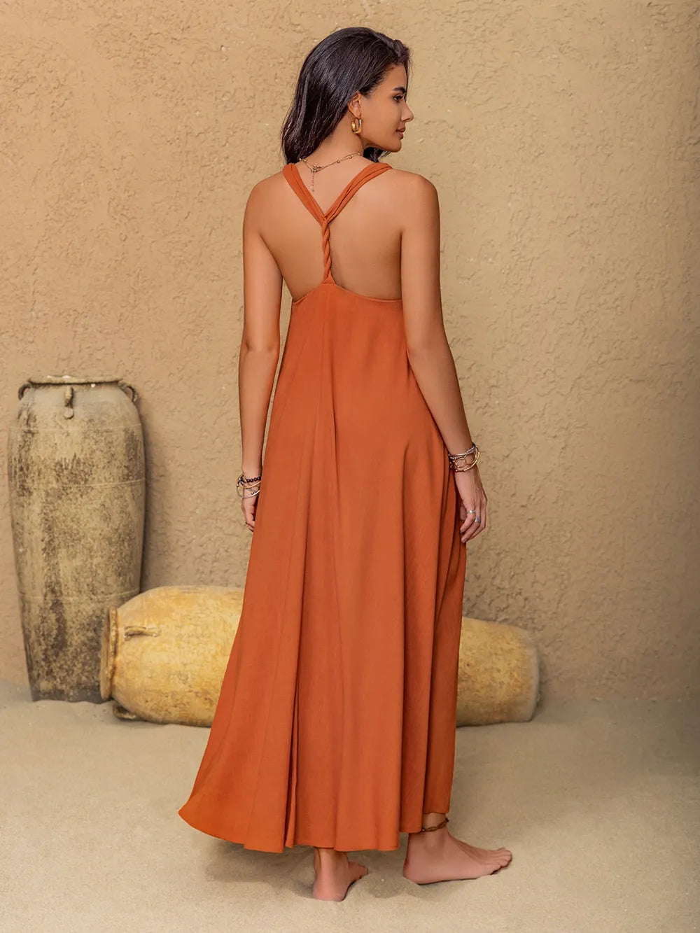Ruched Twisted Back Sleeveless Maxi Cami Dress