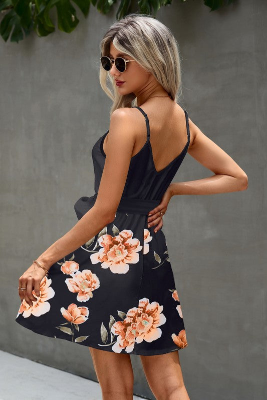 Floral V Neck Spaghetti Strap Belted Cami Dress