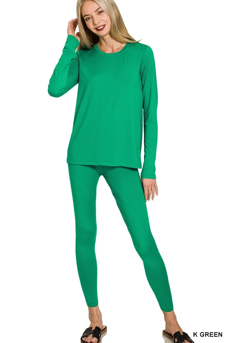 Zenana Microfiber Round Neck Top and Leggings Set in Green