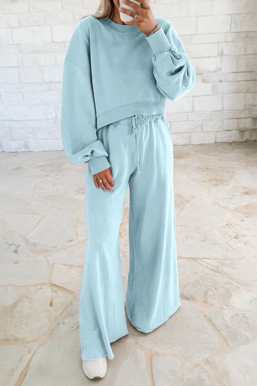 Solid Puff Sleeve Top and Drawstring Pants Set