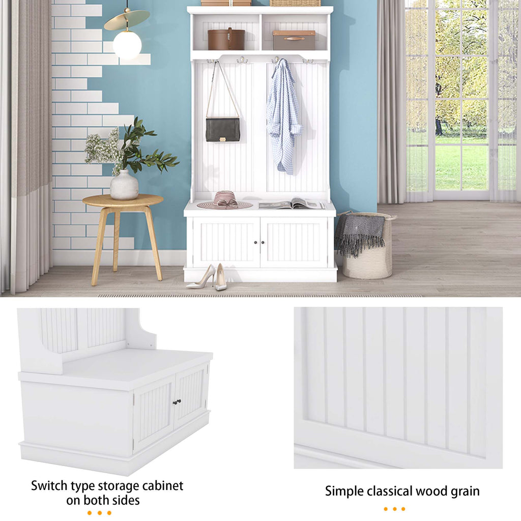 Hall Tree with Storage Shoe Bench for Entryway and Hallway 4-in-1 Design Coat Racks with 4 Hooks for Living Room White