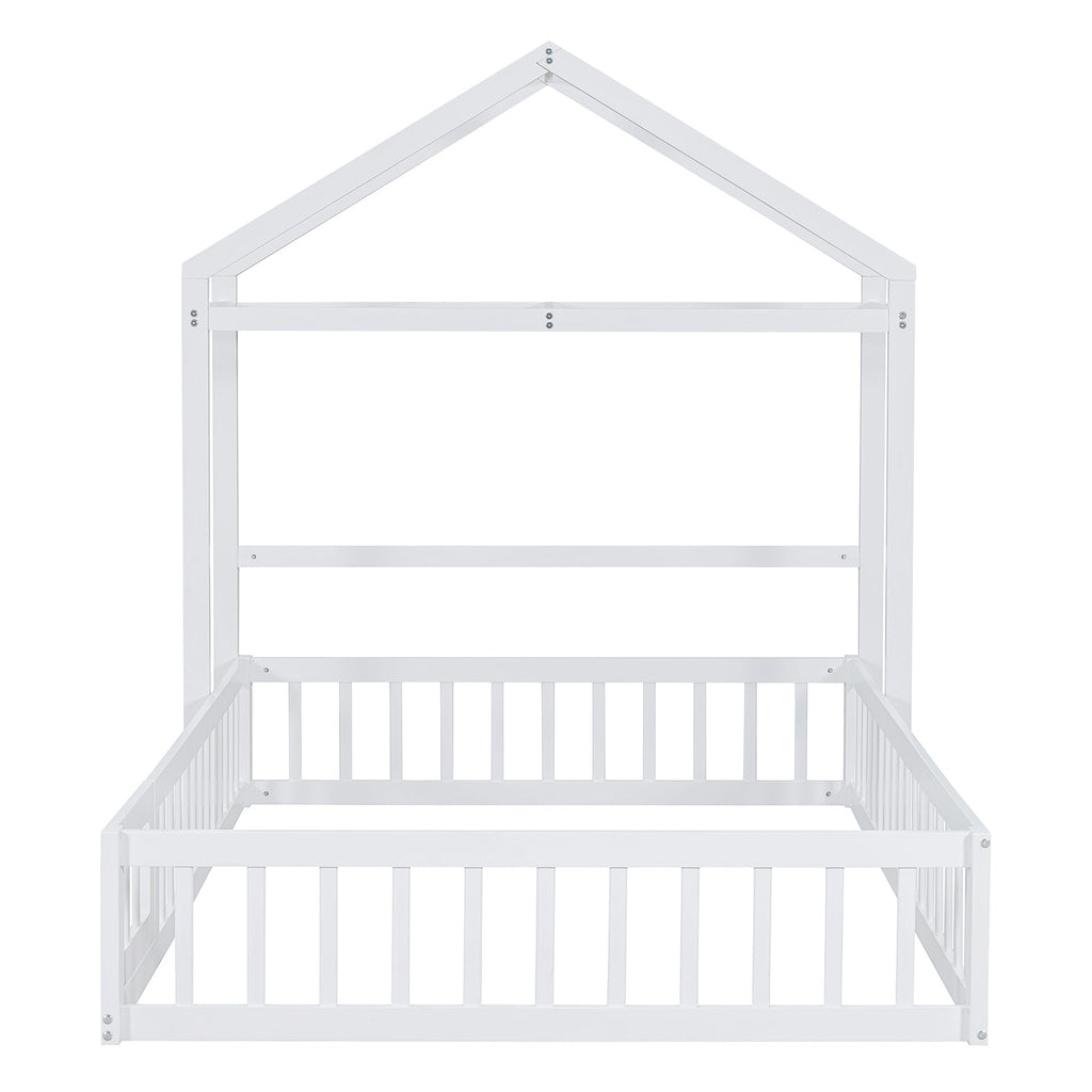 Wooden Full Size Children's Bed with Detachable Headboard and Integrated Clothes Drying Rack, White
