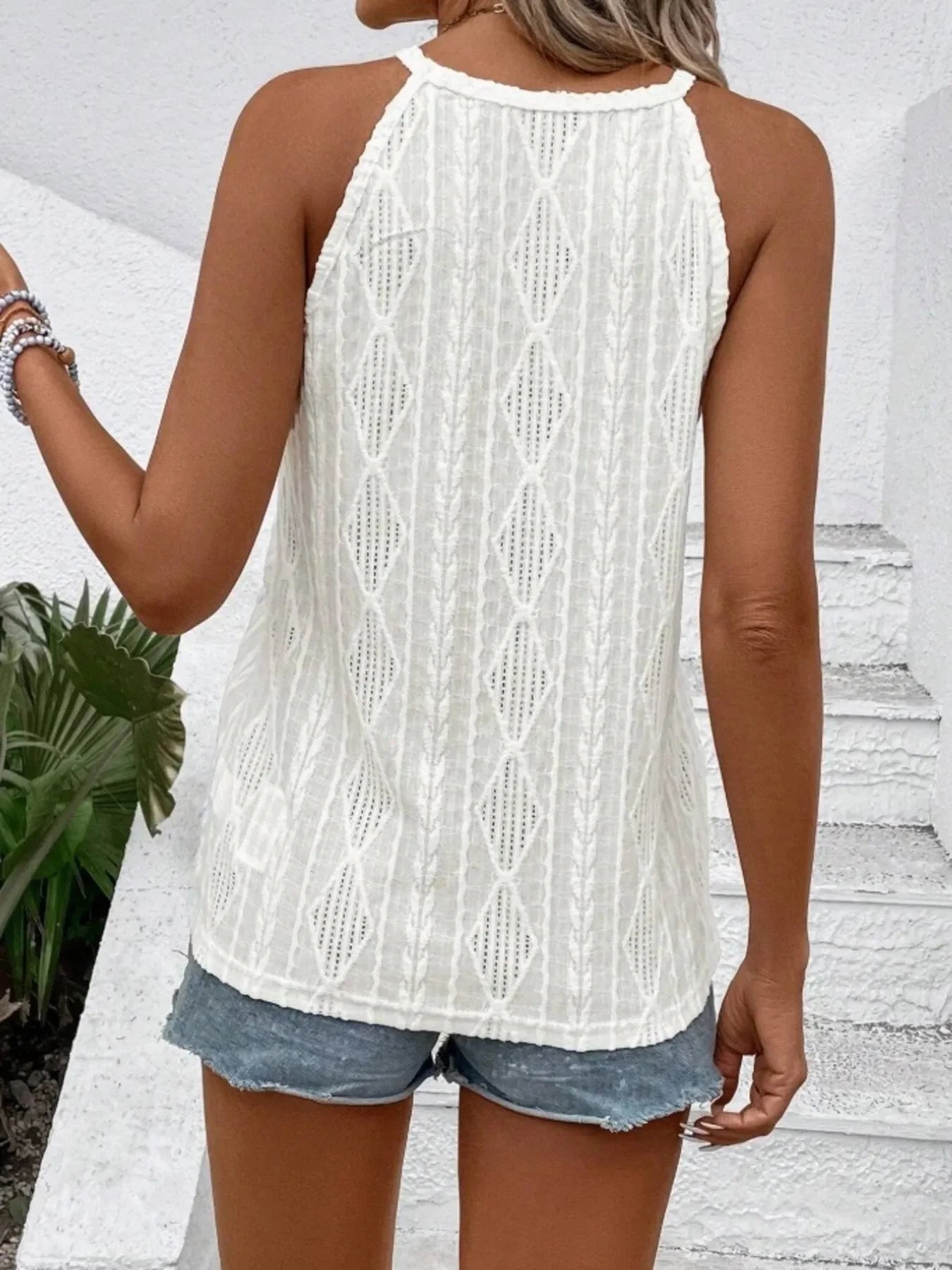Round Neck Eyelet Textured Tank Top