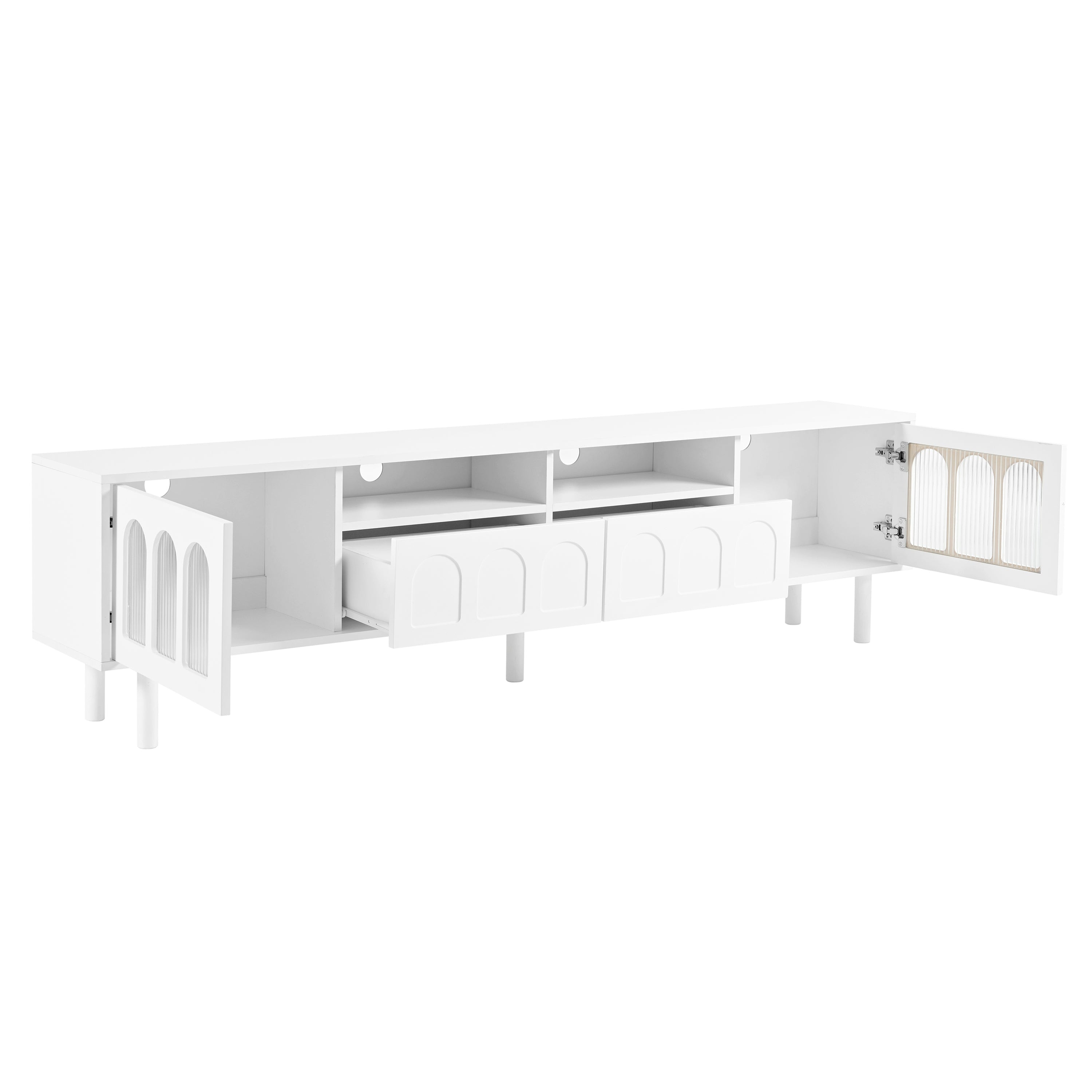ON-TRANS cream colored TV stand with LED light strip, suitable for 80 inch TV storage console with tempered glass door, white