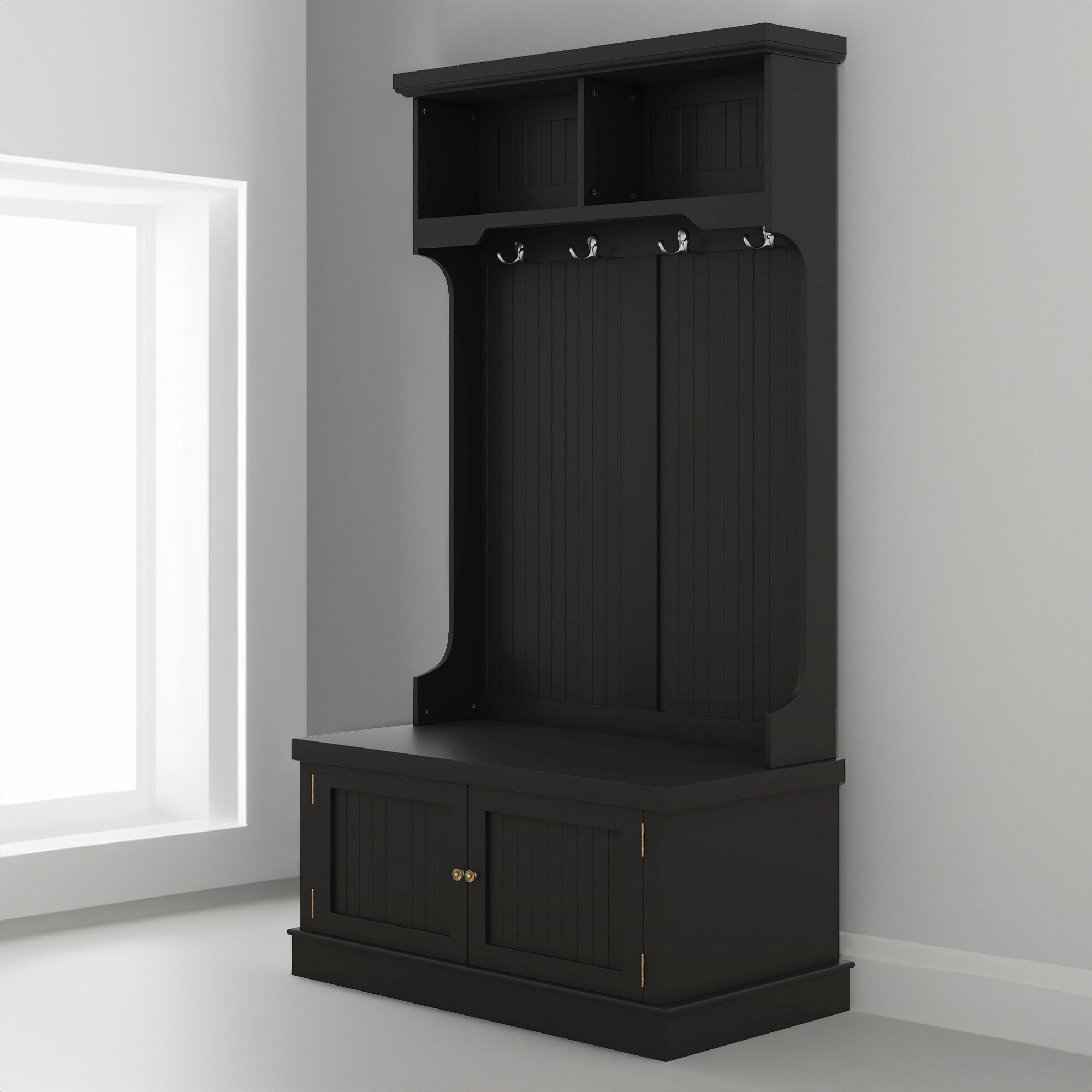 Hall Tree with Storage Shoe Bench for Entryway and Hallway 4-in-1 Design Coat Racks with 4 Hooks for Living Room Black