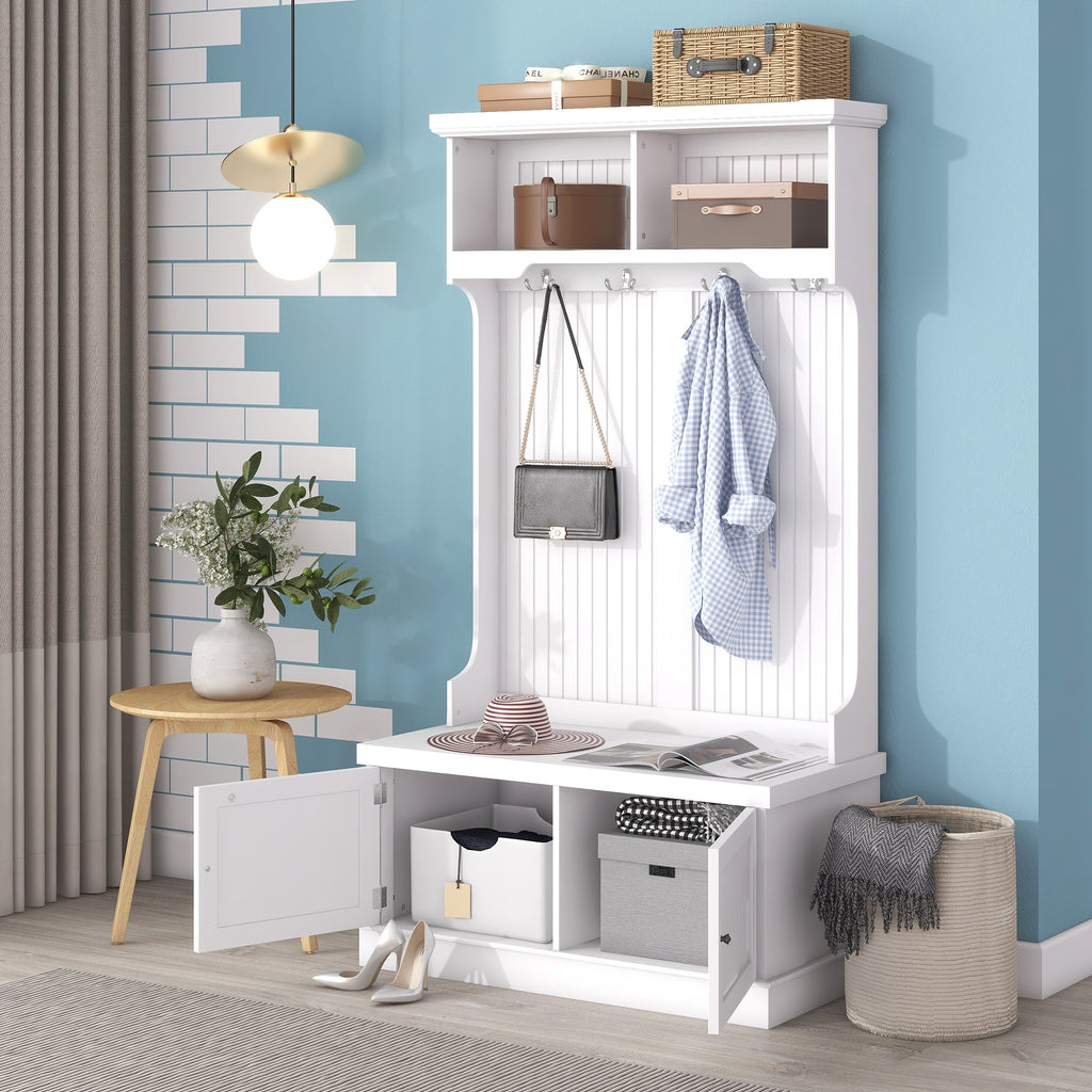 Hall Tree with Storage Shoe Bench for Entryway and Hallway 4-in-1 Design Coat Racks with 4 Hooks for Living Room White