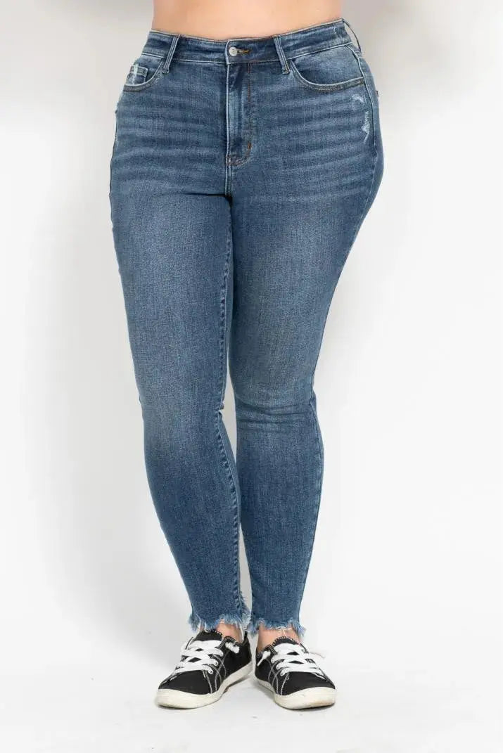 Plus Size High Waist Skinny Judy Blue Jeans with Destroy & Shark Bit Hem