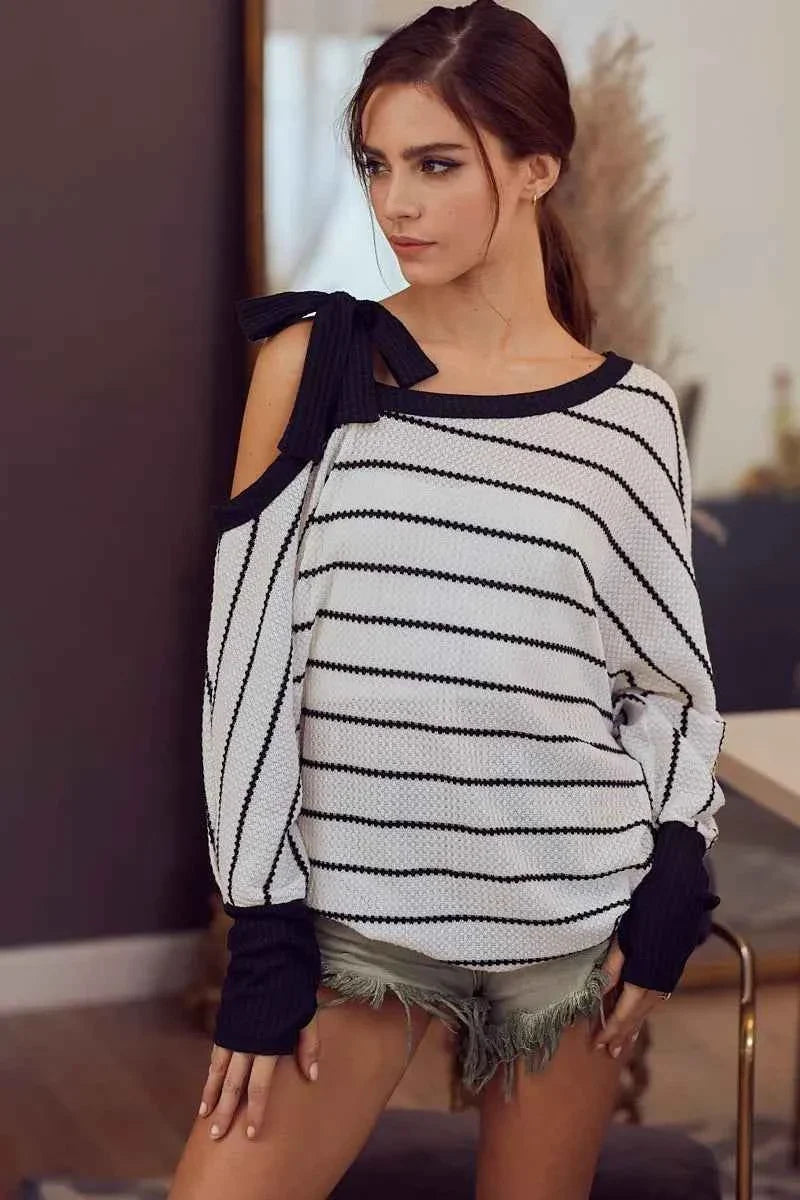 BiBi Stripe Yarn Dye Waffle One Shoulder Women's Top with Ribbon Detail