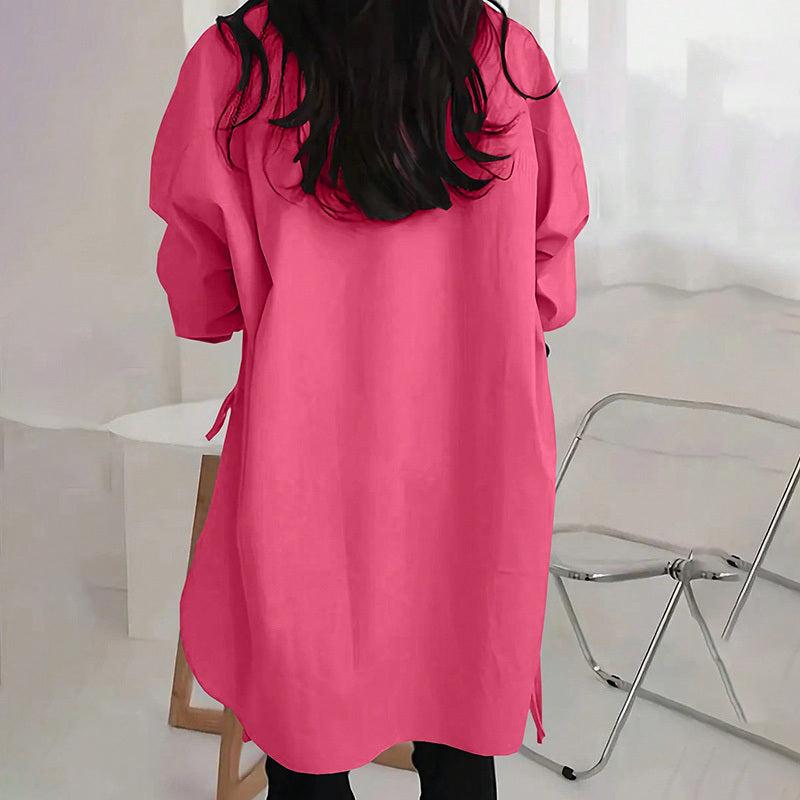 Women's Casual Loose-Fit Long Sleeve Shirt - Side Slit Tie Detail Button-Down Blouse, Solid Color Top