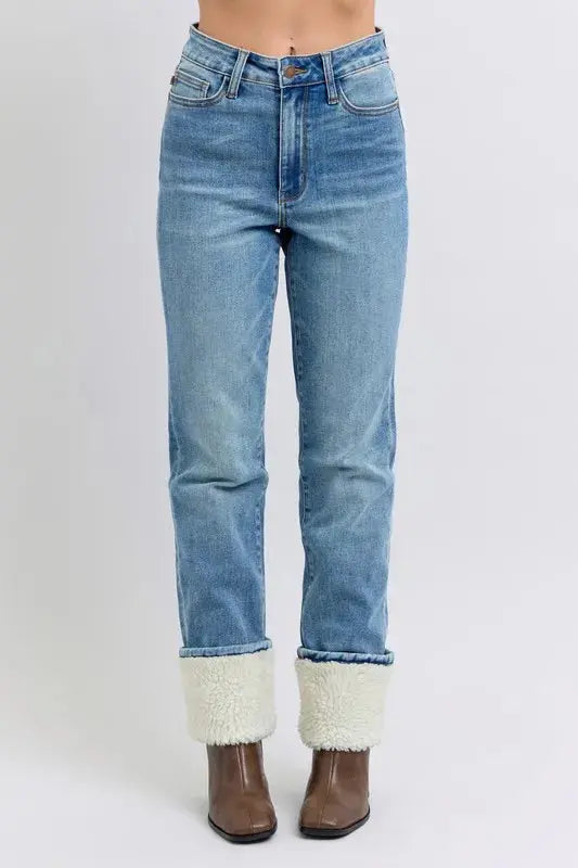 Plus Size High Waist Shearling Cuff Straight Leg Judy Blue Jeans