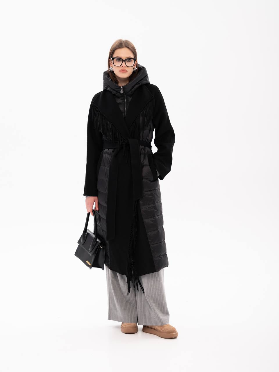 Kennedy Fringe Luxe Down Wool Blend Coat in Black