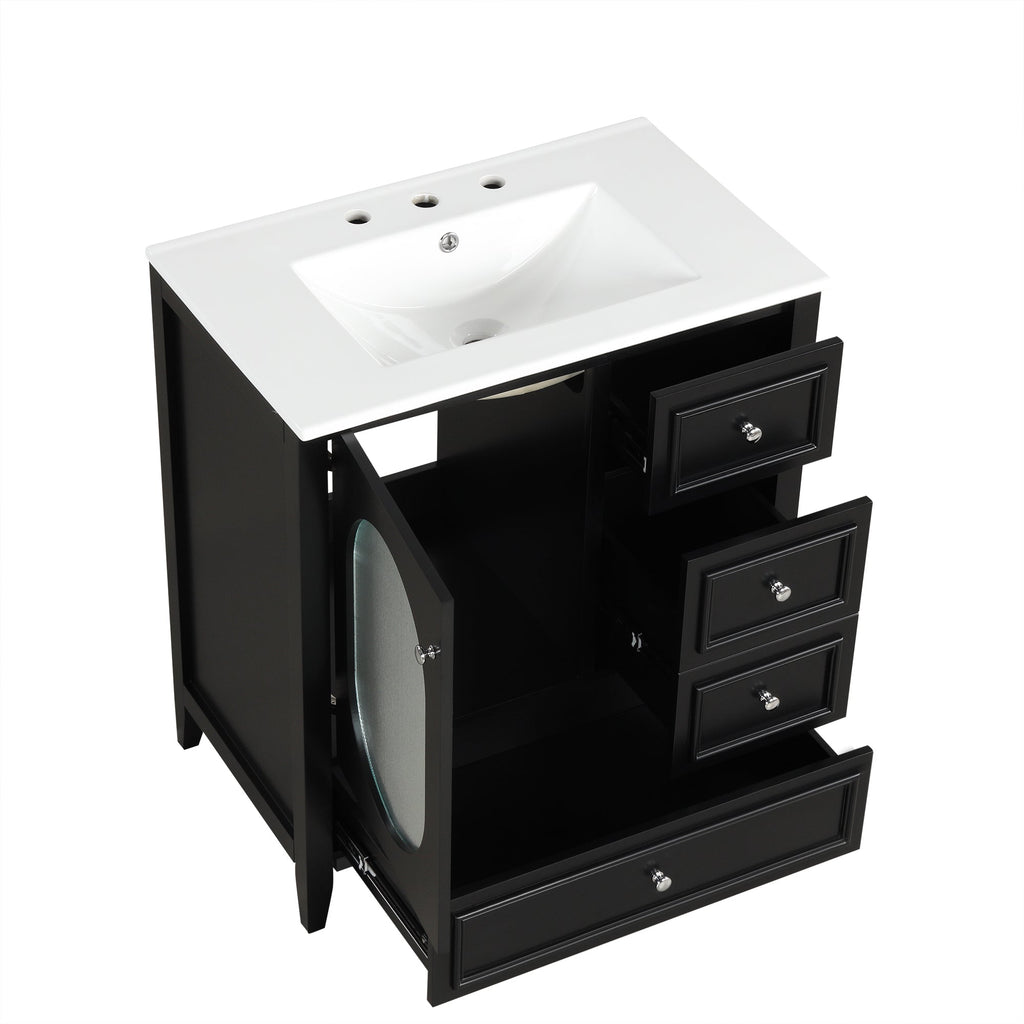 30" Bathroom Vanity with Sink, Bathroom Vanity Cabinet with Three Drawers and Door, Solid Wood and MDF, Black