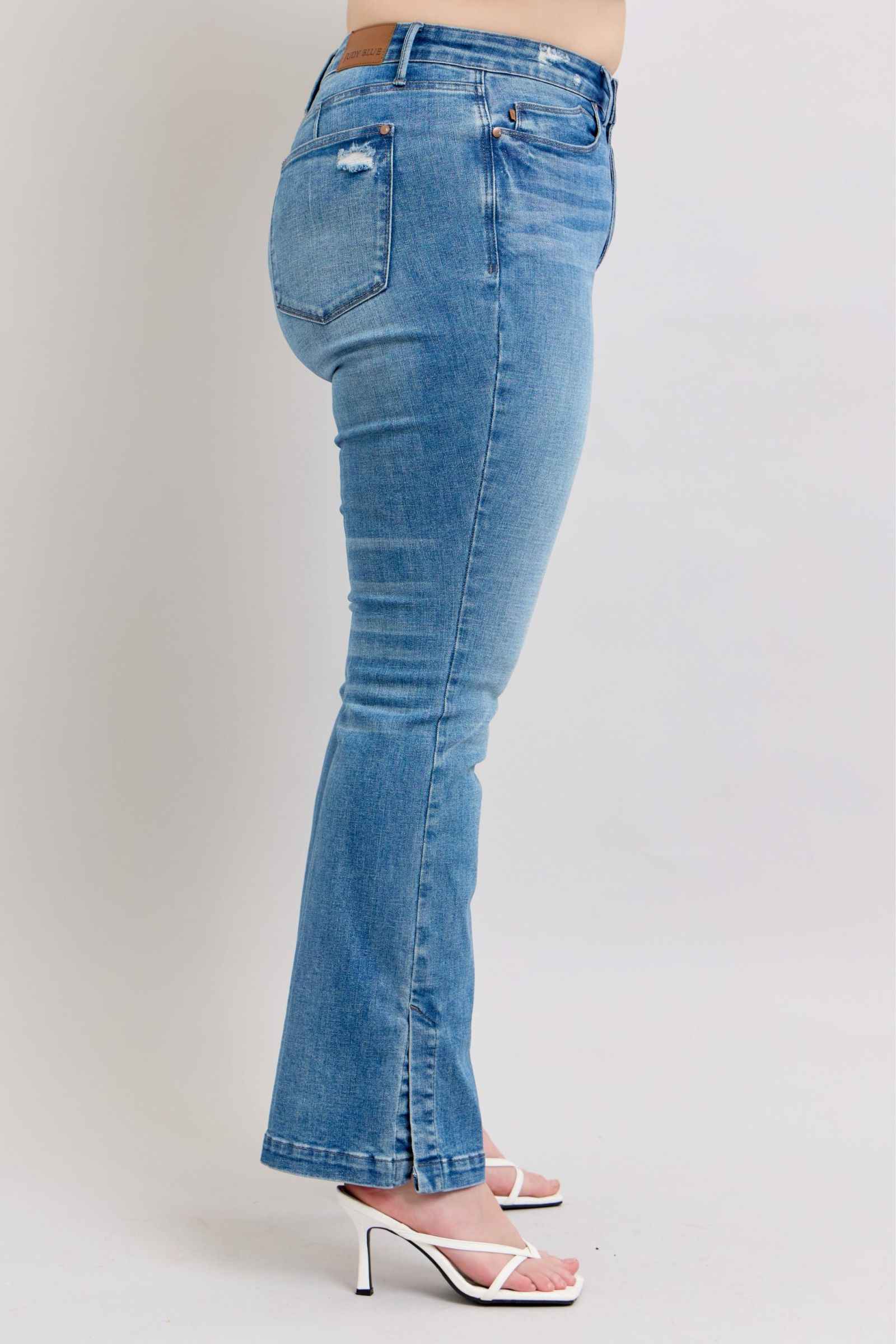Judy Blue Tummy Control Bootcut Jeans with Vintage Wash and Side Slit Women's Jeans