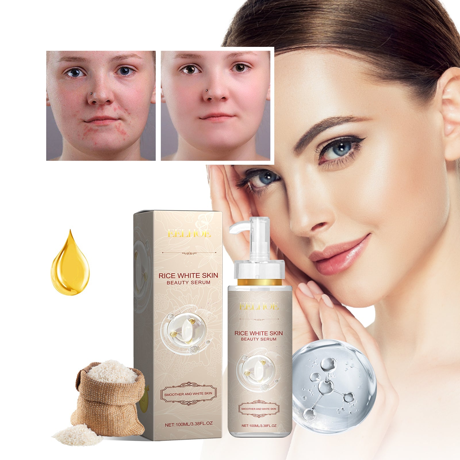 Rice White Skin Beauty Serum, Rice Moisturizing And Repairing Skin Gentle Moisturizing, Brightening And Firming Essence