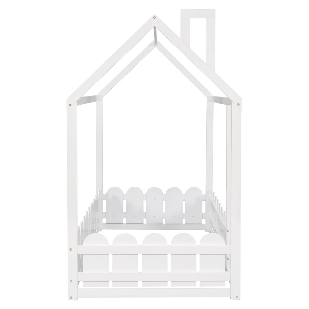 {Slats are not included}Twin Size Wood Bed House Bed Frame with Fence for KidsTeens Girls Boys {White}