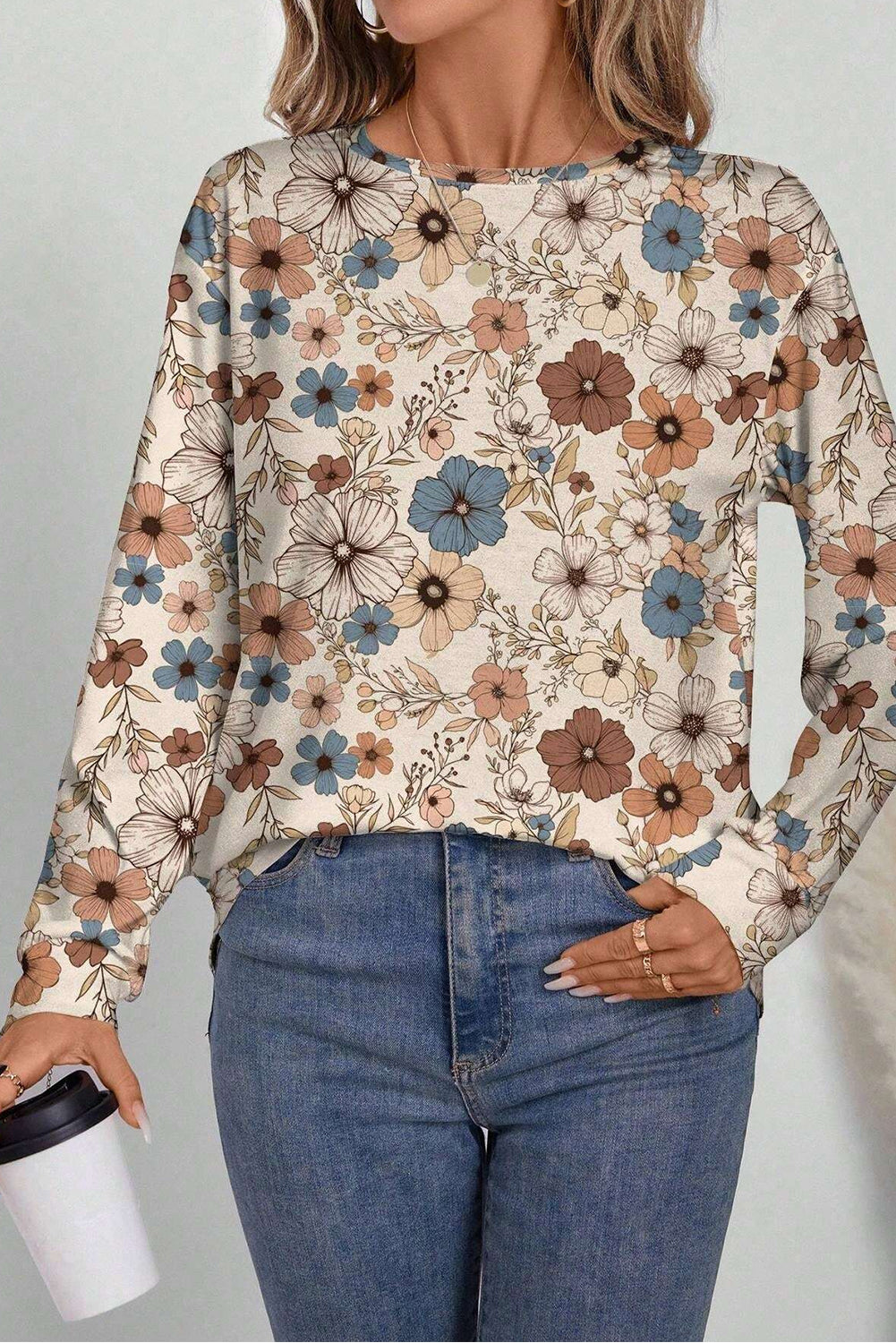 Khaki Floral Print Women's Top - Allover Floral Crew Neck Long Sleeve