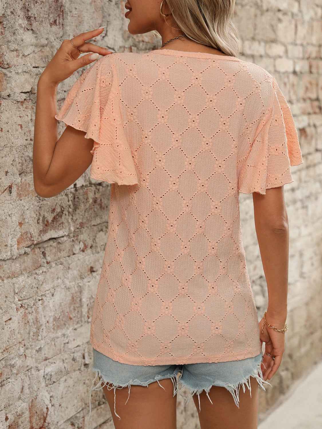 Eyelet Flutter Sleeve Top - Round Neck & Stylish Women's Top