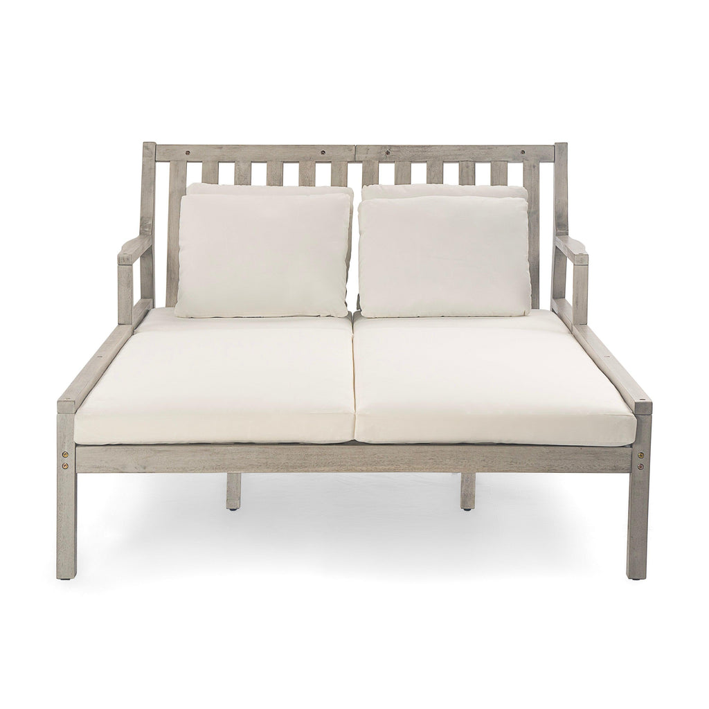 Outdoor Daybed, Patio Daybed with Four Pillows, Wooden Outdoor Bed with Curved Armrests for Poolside, Backyard, Garden